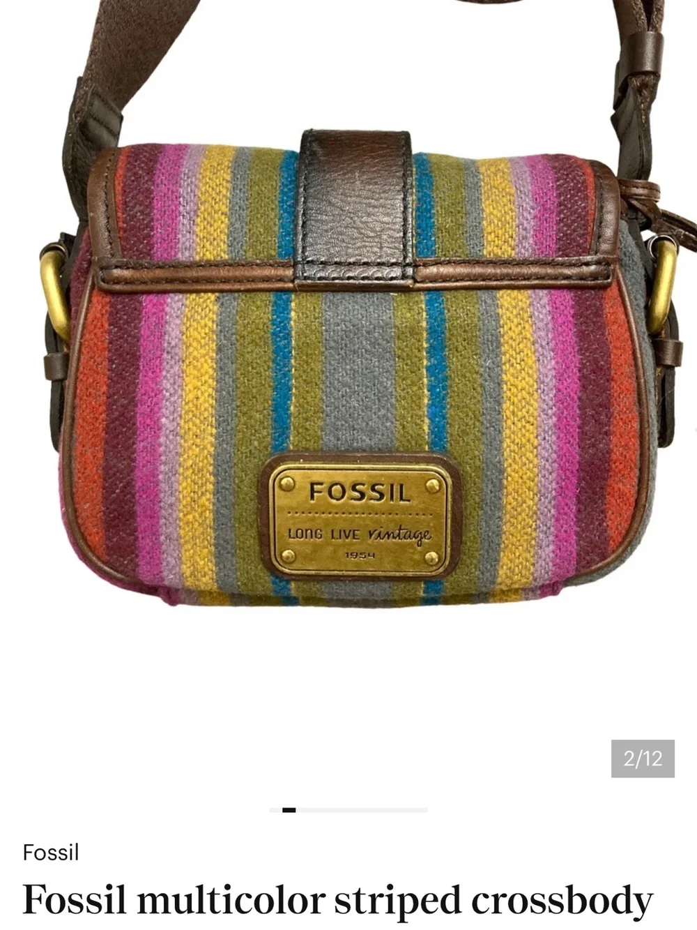 Fossil Brown Leather & Multicolor Striped Crossbody